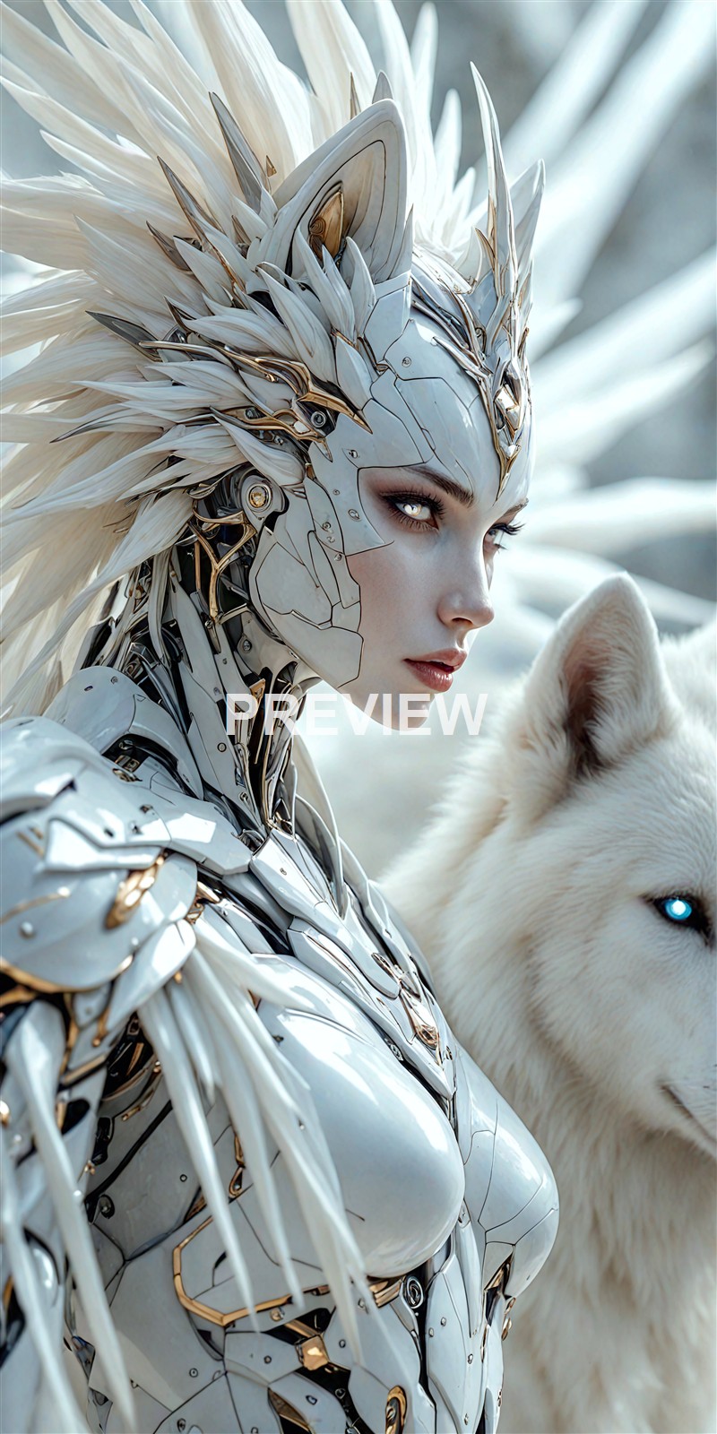 A highly detailed and futuristic depiction of a woman with cybernetic armor and an elaborate headdress resembling feathers, accompanied by a white wolf with piercing blue eyes.